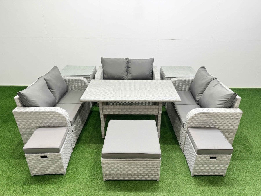 Click to view product details and reviews for Fimous 9 Seater Pe Wicker Rattan Furniture Sofa Sets With Rectangular Dining Table 2 Seater Love Sofa 3 Stool 2 Side Table Light Grey.