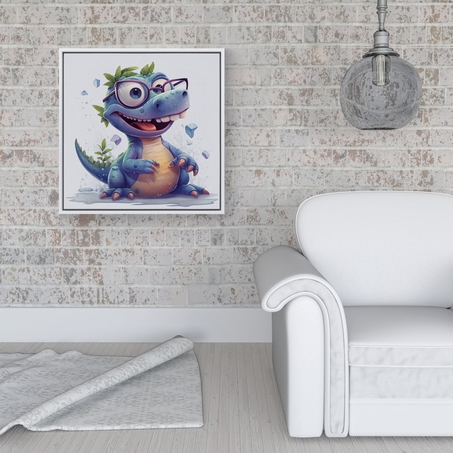 Click to view product details and reviews for Happy Dinosaur With Glasses Framed Canvas 16 X 16 White.