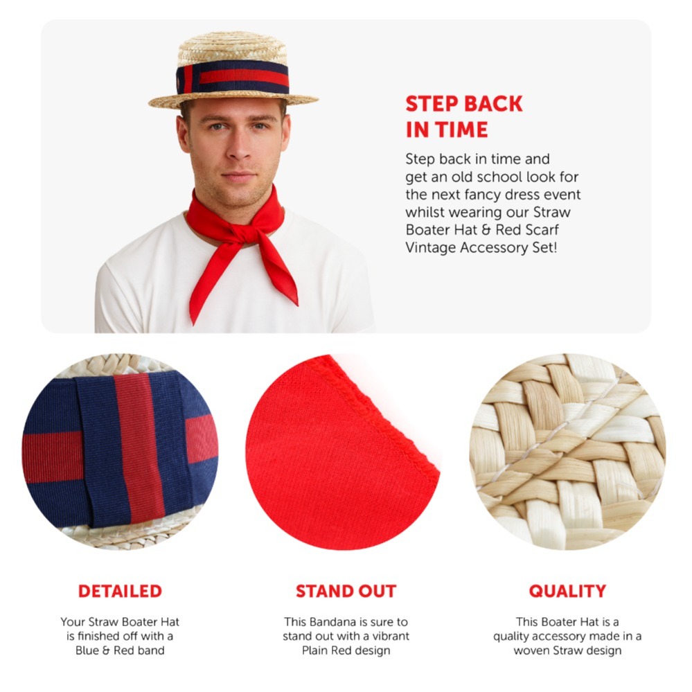 Straw Boater Hat with Blue & Red Ribbon