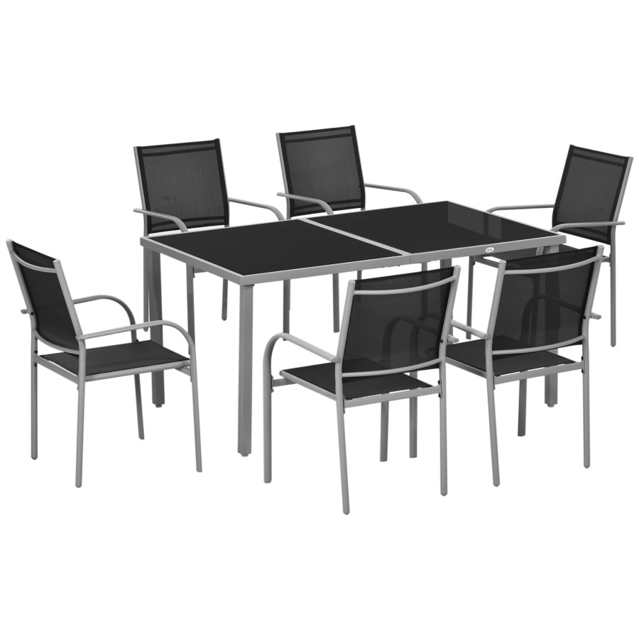 Click to view product details and reviews for Outsunny 7 Piece Garden Dining Set Outdoor Table And 6 Stackable Chairs Steel Frame Tempered Glass Top Table Mesh Seats Black.