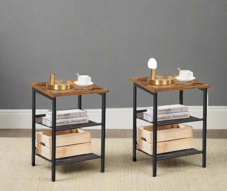 Click to view product details and reviews for Set Of 2 Industrial Side Tables â Rustic Brown Black Nightstands With Adjustable Mesh Shelves.