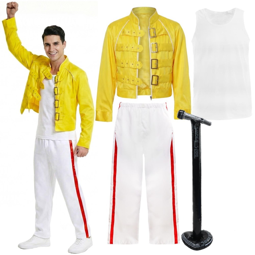 Adults 80's Rock Star Costume | 4 Pcs | Yellow Jacket, Vest, White Trousers & Inflatable Mic Stand