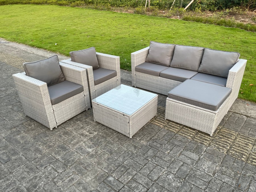 Click to view product details and reviews for Fimous 6 Seater Pe Wicker Light Grey Rattan Sofa Set Garden Furniture Chairs Footstool Conservatory Patio Furniture.