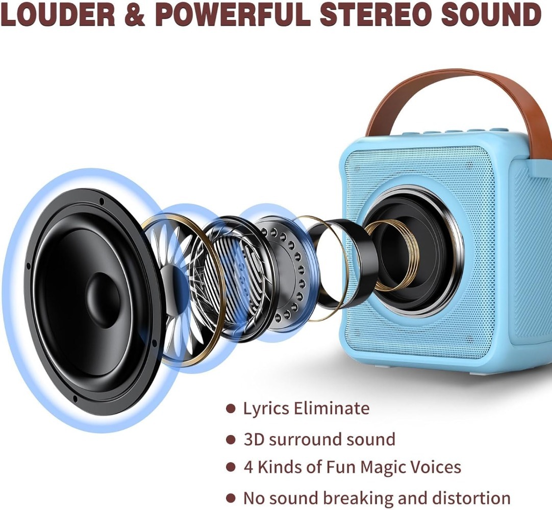 Portable Kids & Adults Karaoke Machine with 2 Mics, LED Lights - Blue
