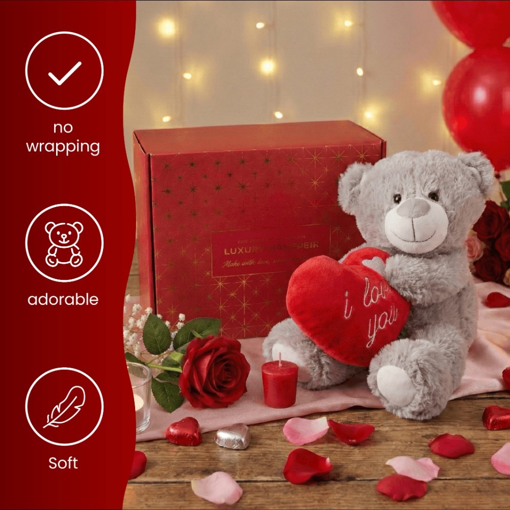 Valentines Day Hamper | 3 Pcs | Grey 'I Love you' Teddy, Rose & Candle