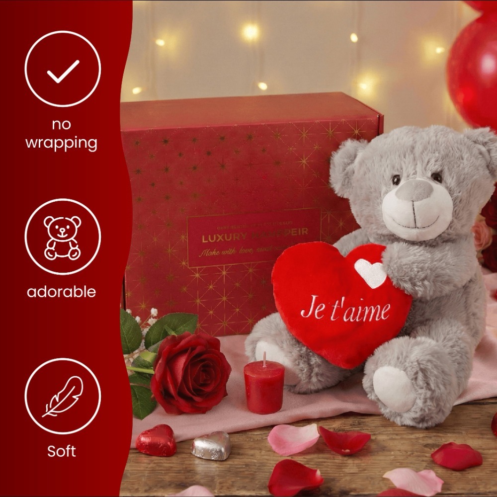 Valentines Day Hamper | 3 Pcs | Grey 'Je T'aime' Teddy, Rose & Candle