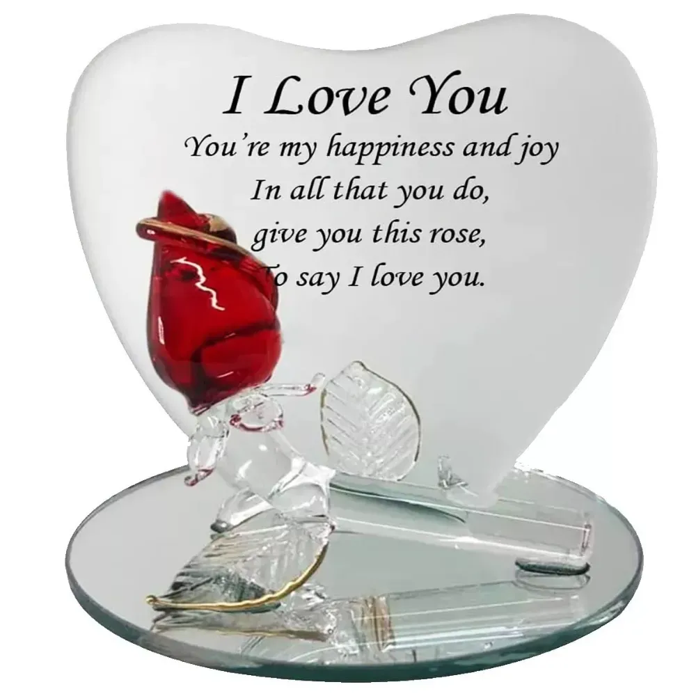 Glass Heart with Red Rose - Romantic Love Valentines Day Gift for Any Occasion
