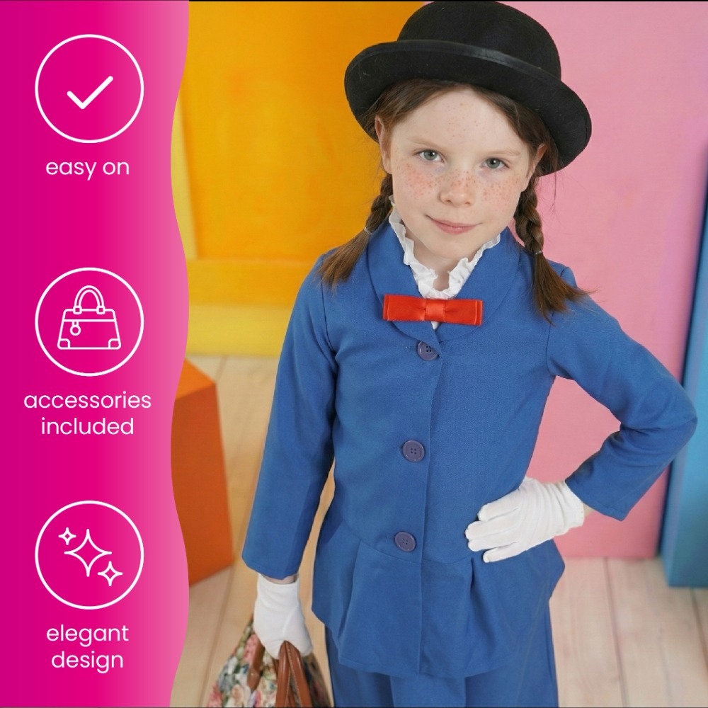 Girls Magical Nanny Costume - with Flower Bowler Hat, White Gloves & Floral Bag