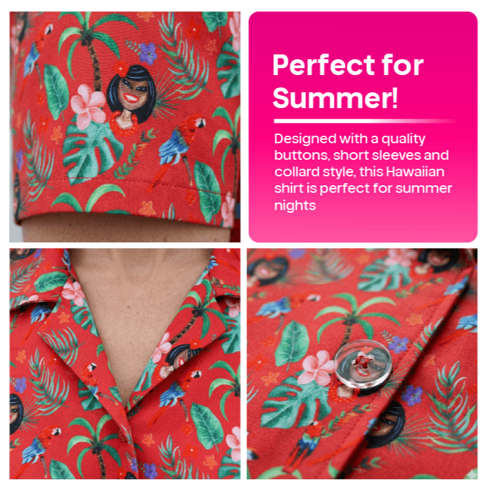 Adults Hawaiian Costume | 2 Pcs | Unisex Red Hawaiian Print Shirt & Sailor Hat