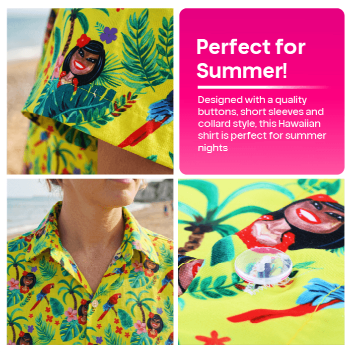 Adults Hawaiian Costume | 2 Pcs | Unisex Yellow Hawaiian Print Shirt & Sailor Hat