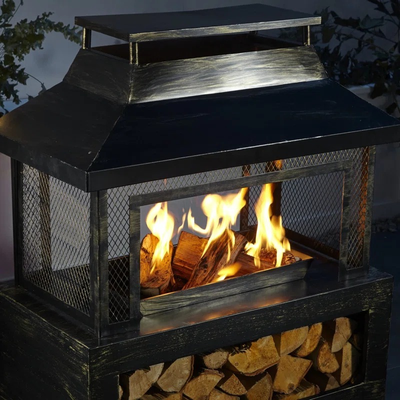 Black Steel Chiminea Fire Pit Outdoor Heater – Garden Log Burner