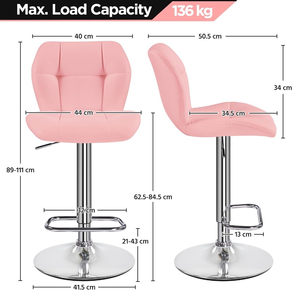 Modern Pink Bar Stools Set of 2, Adjustable Swivel PU Leather Counter Chairs