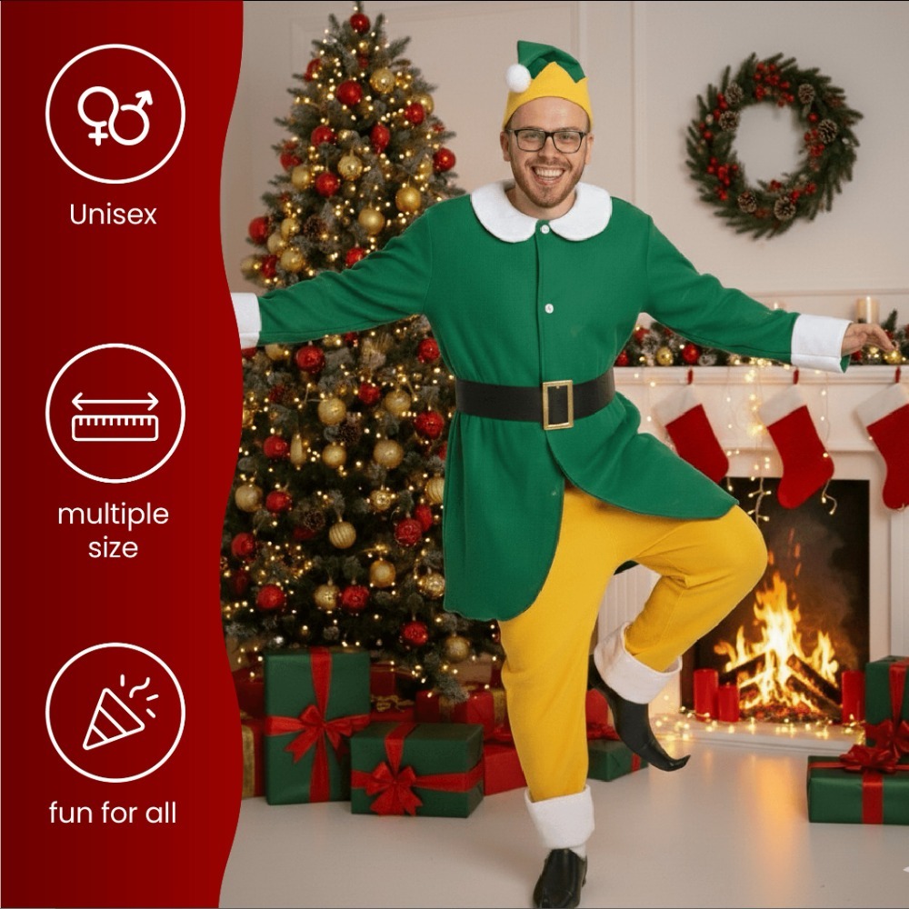 Adults Friendly Elf Costume | 4 Pcs | Jacket, Trousers, Belt & Hat