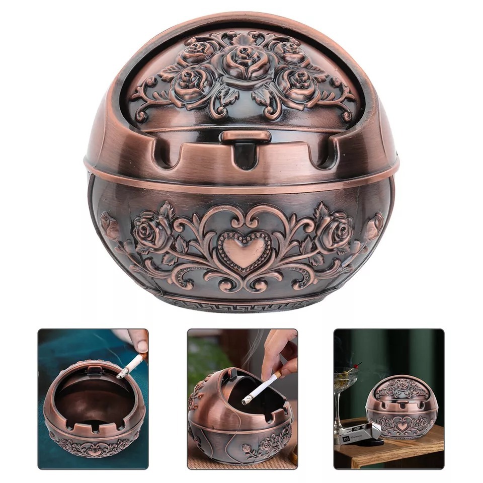 Retro Decorative Ashtray With Lid To Prevent Flying Ash Carved Ashtray