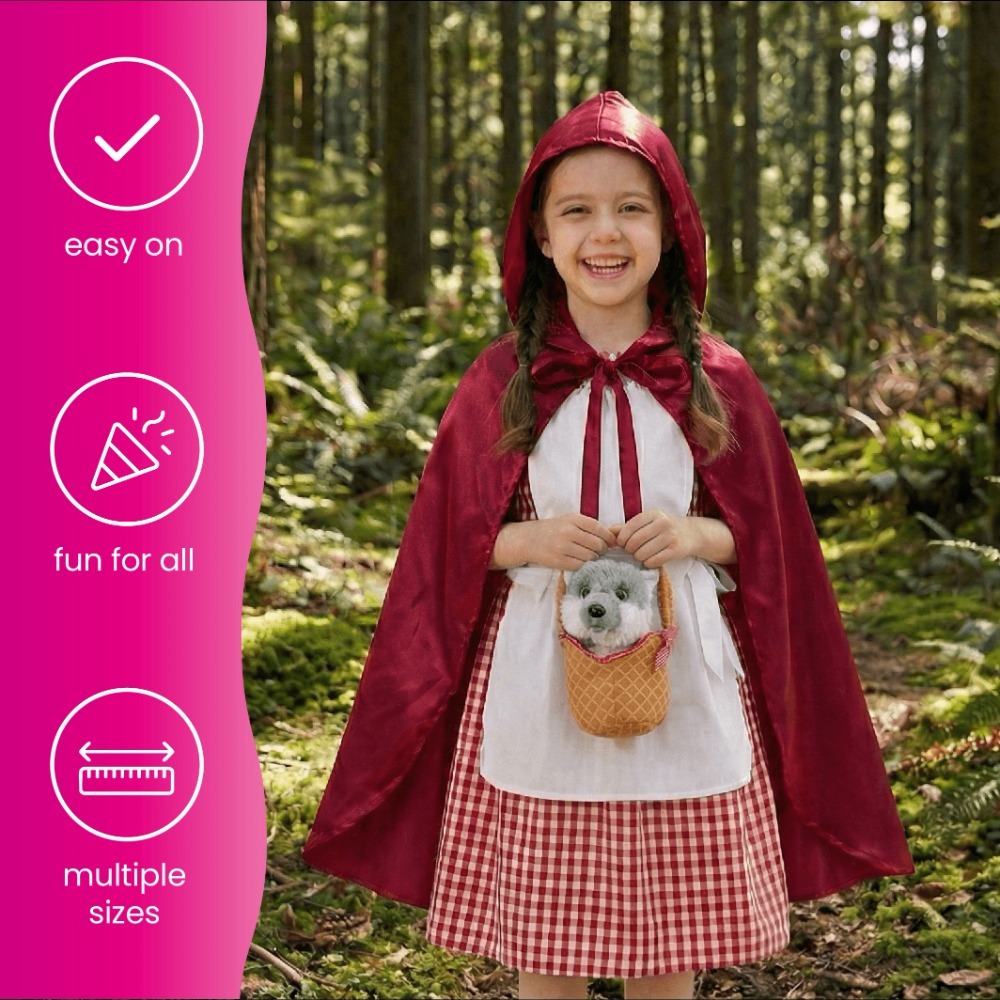 Girls Little Red Riding Hood Costume | 5 Pcs | Dress, Apron, Cape, Soft Basket & Wolf
