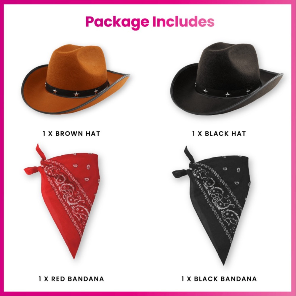 Adults Brown & Black Star Studded Cowboy Hats with Red & Black Paisley Bandanas | Western Fancy Dress Accessory Set