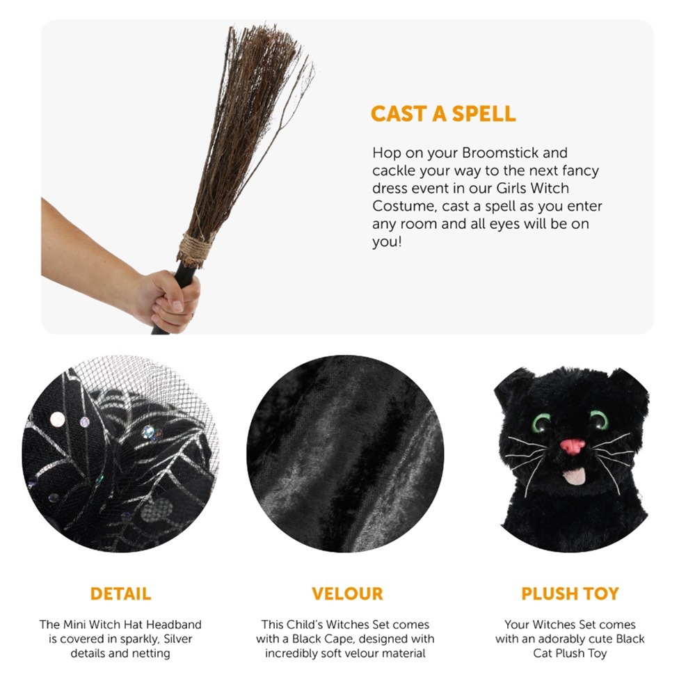 Girls Witch Costue Set with Broom & Cat
