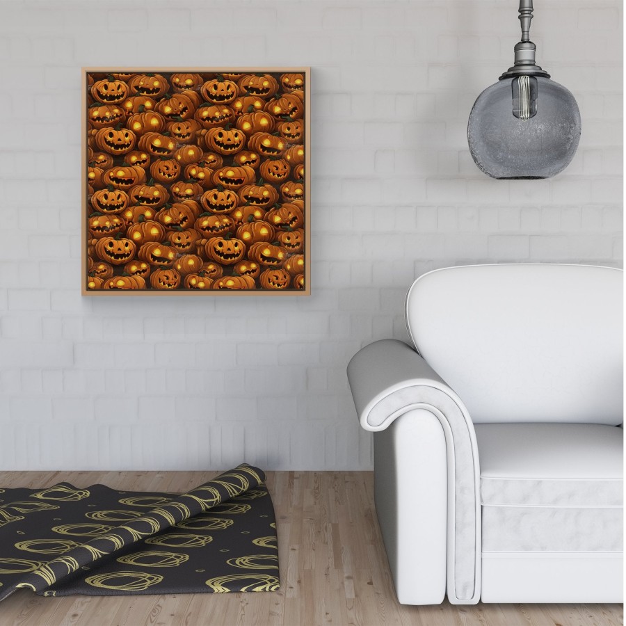Click to view product details and reviews for Grinning Lanterns Pumpkins With Glowing Eyes Framed Canvas 16 X 16 Pine.