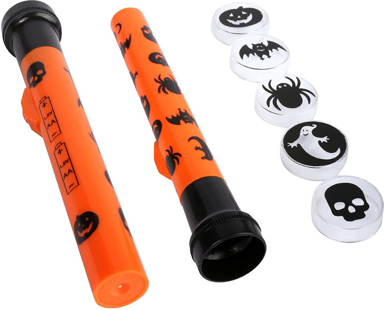 Halloween Projector Torch - Orange and Black Torch Decorated with Halloween Symbols