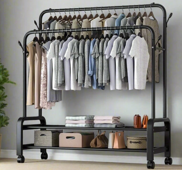 Black Heavy Duty Double Rail Clothes Rack – Garment Hanging Stand with Wheels