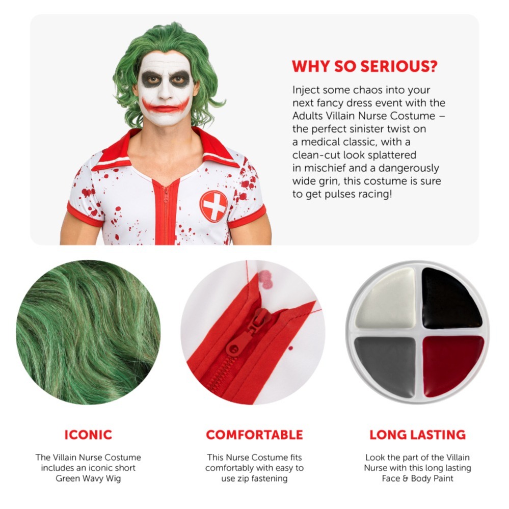 Adults Laughing Man Nurse Costume - Bloody Dress, Wig & Face Paint