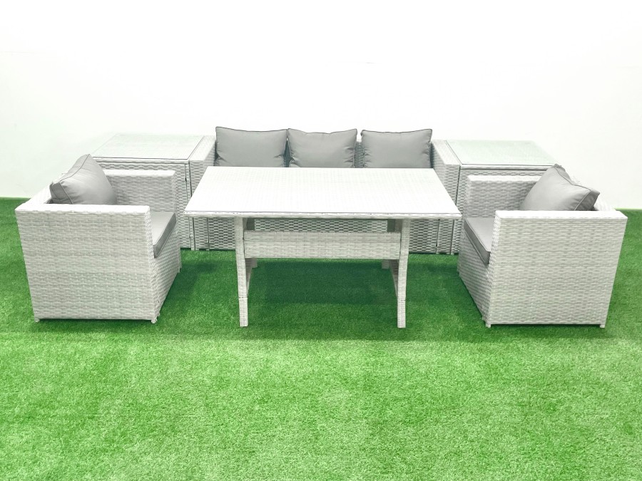 Click to view product details and reviews for Fimous Garden Dining Set Outdoor Rattan Furniture Set With Sofa Dining Table 2 Chairs 2 Side Tables Light Grey Mixed.