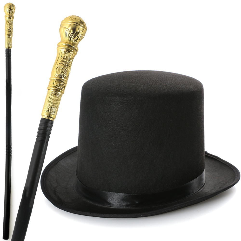 Click to view product details and reviews for Top Hat Cane Set Felt Top Hat Gold Cane 55cm.