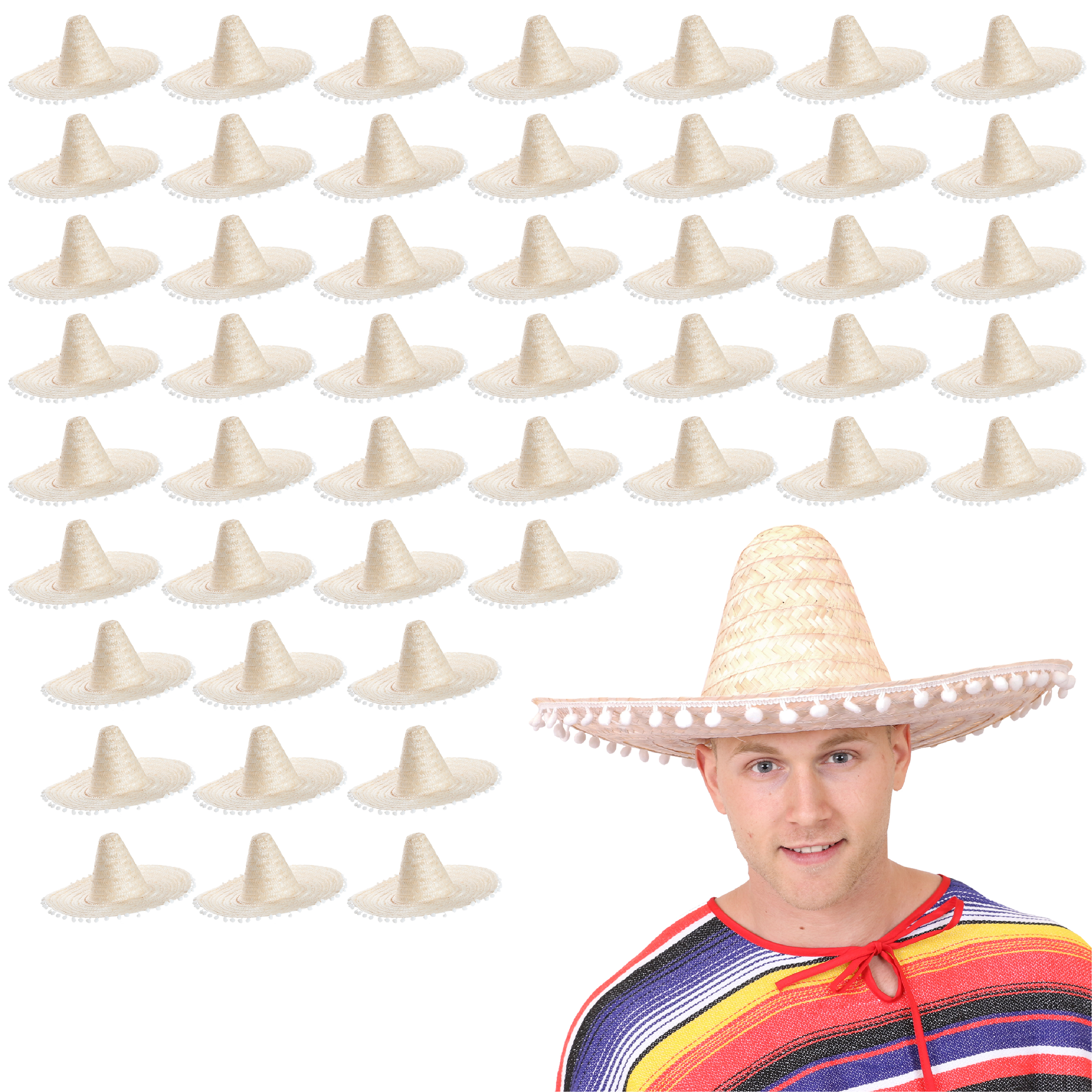 Click to view product details and reviews for Natural Mexican Sombrero With Pom Pom Edging Pack Of 48.