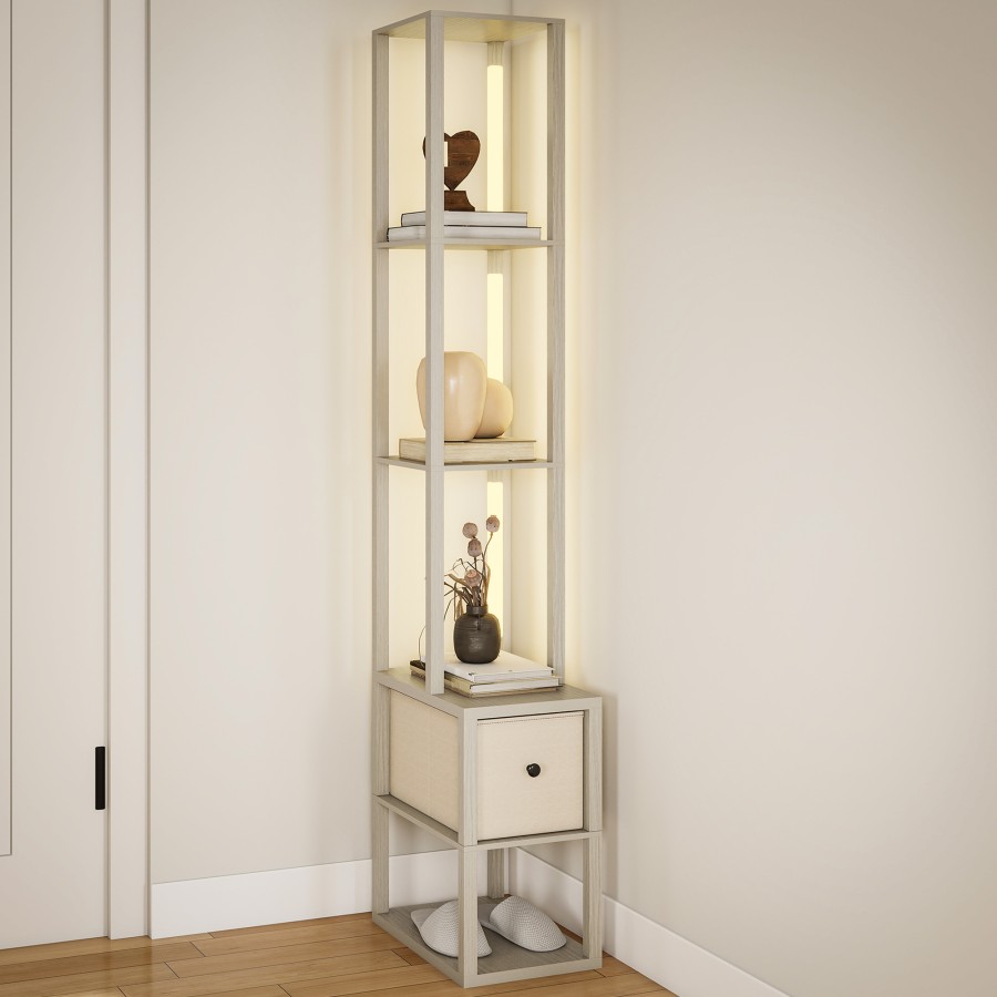 HOMCOM Floor Lamp with Shelves, LED Standing Lamp with Fabric Drawer, Oak