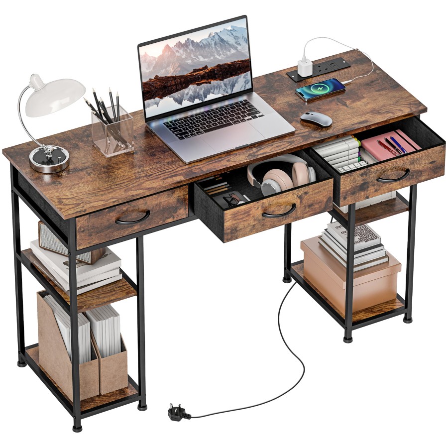Click to view product details and reviews for Homcom Computer Desk With Power Outlets 120cm Home Office Desk With 3 Fabric Drawers And 4 Storage Shelves Study Table Workstation For Bedroom Rust.