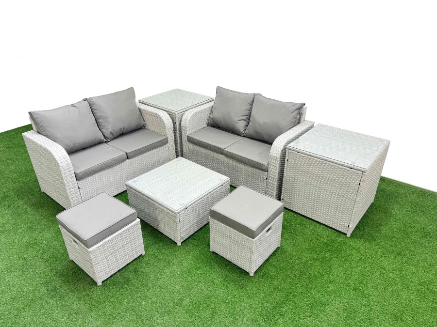 Click to view product details and reviews for Fimous 6 Seater Outdoor Love Sofa Set Rattan Garden Furniture Set With Square Coffee Table 2 Small Stools 2 Side Tables Light Grey.