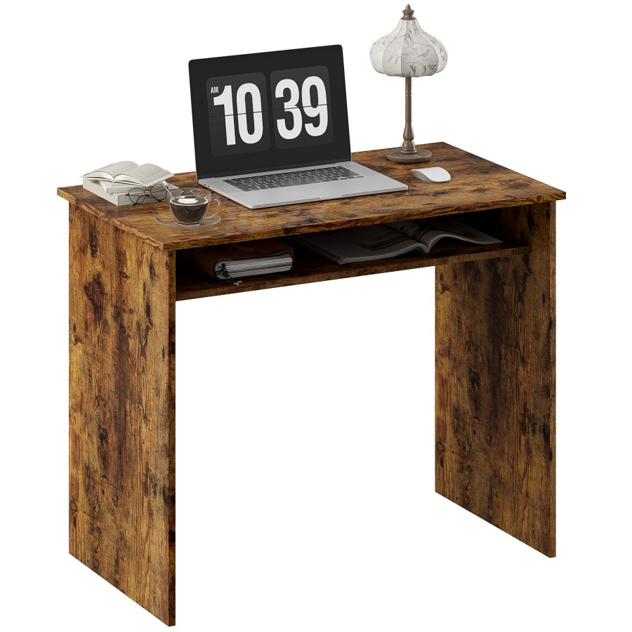 Homcom Modern Computer Desk Home Office Table Small Writing Desk With Storage Shelf 90 X 50cm Rustic Brown