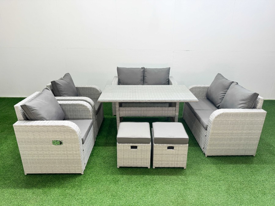 Click to view product details and reviews for Fimous 8 Seater Outdoor Reclining Chair Love Sofa Set Rattan Garden Furniture Set With Rectangular Dining Table 2 Stools Light Grey.