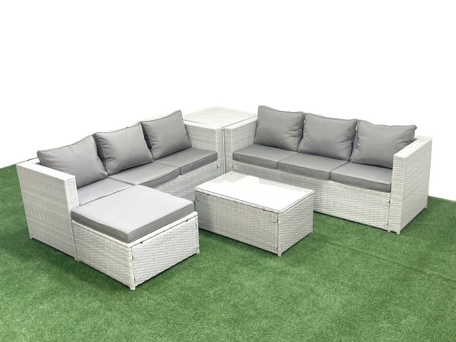 Click to view product details and reviews for Fimous Garden Outdoor Pe Rattan Furniture Set 7 Seater Rattan Garden Sofa Set With Big Footstool Side Table Light Grey Mixed.