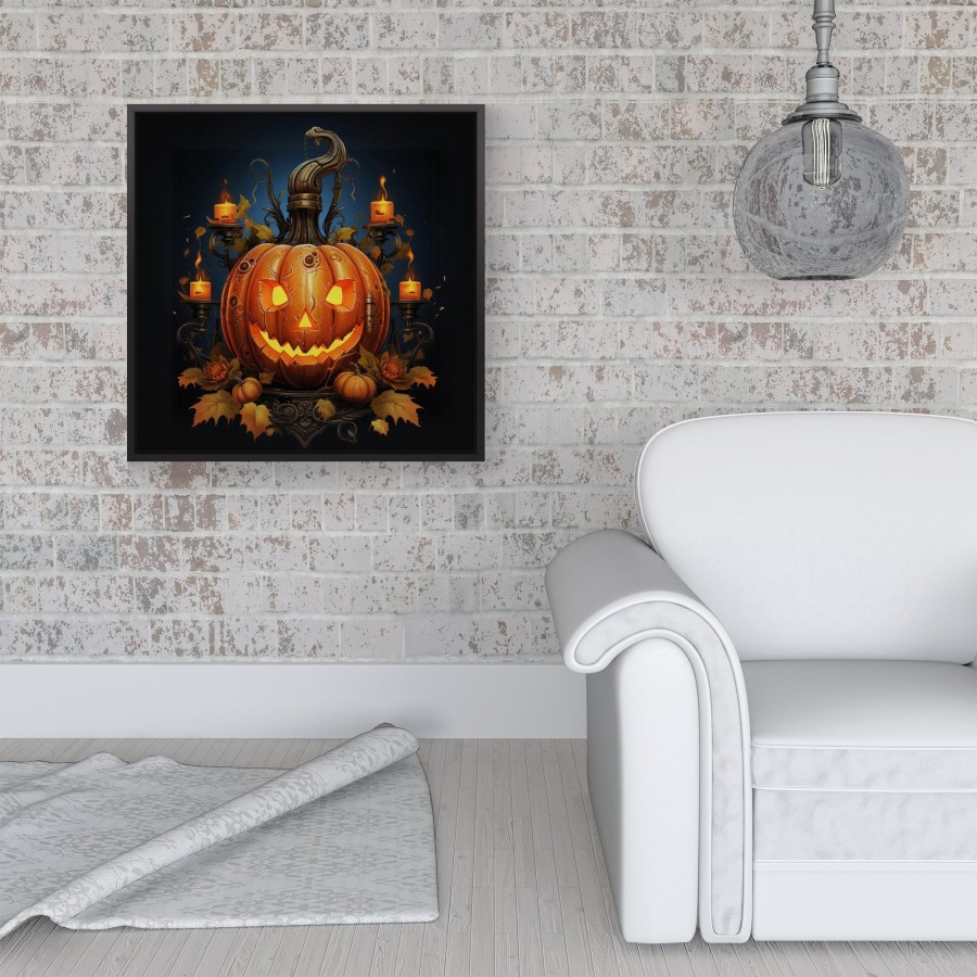 Click to view product details and reviews for Spooky Pumpkin With Leaves And Small Candles Framed Canvas 16 X 16 Black.