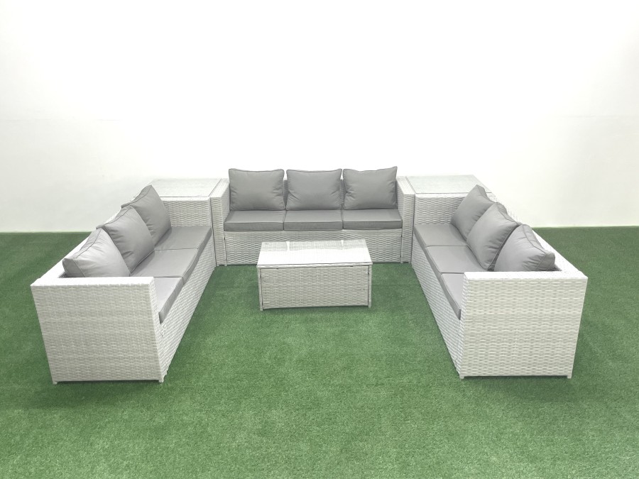 Click to view product details and reviews for Fimous Rattan Garden Outdoor Furniture Set 9 Seater Garden Sofa Coffee Table Set With 2 Side Tables Light Grey Mixed.
