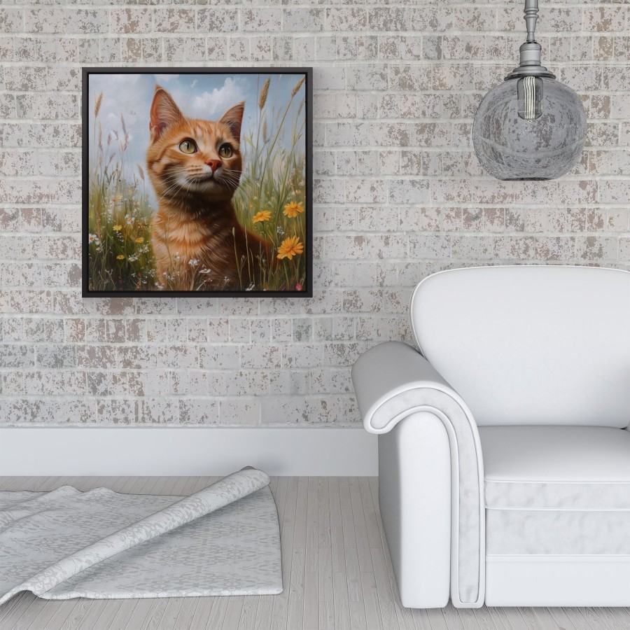 Click to view product details and reviews for Happy Short Haired Ginger Cat In A Spring Meadow Framed Canvas 16 X 16 Black.