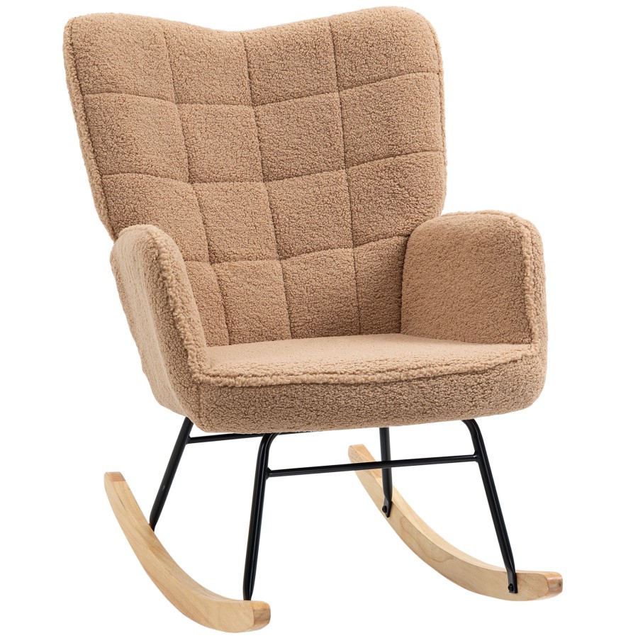 Homcom Wingback Rocking Chair For Nursing Berber Fleece Nursery Glider Rocker Modern Armchair For Living Room Light Brown