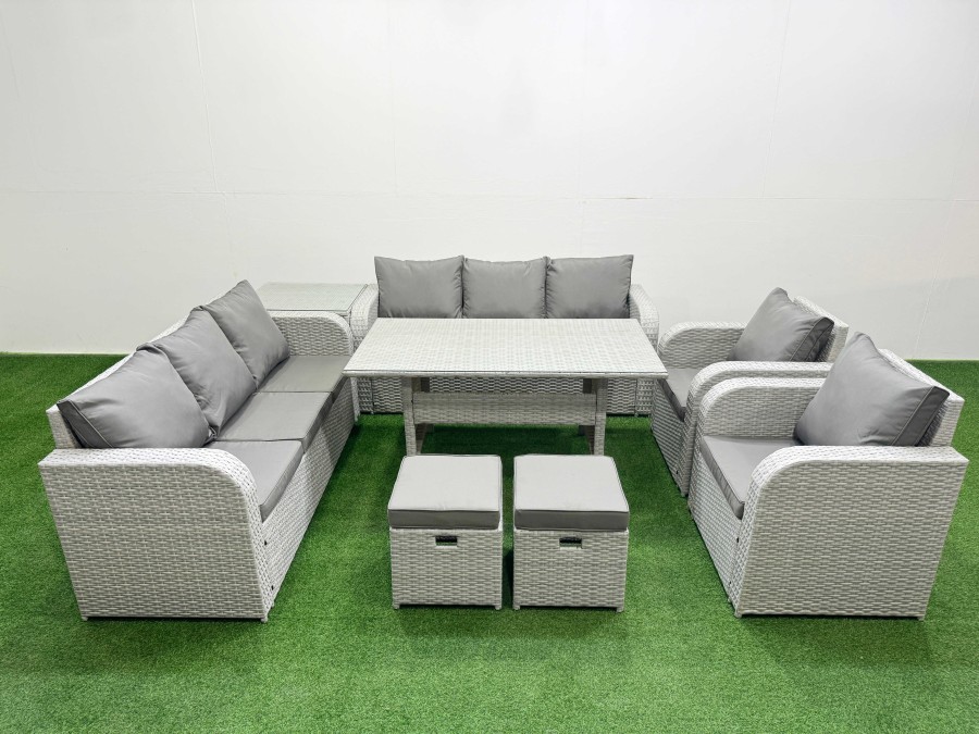 Click to view product details and reviews for Fimous Pe Rattan High Back Lounge Sofa Set Patio Rectangular Dining Table Chairs Set With 3 Seater Sofa Reclining Chair Stools Side Table Light Grey.