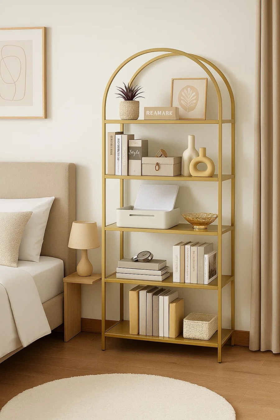 Click to view product details and reviews for 5 Tier Glass Shelf Arched Display Storage Unit With Steel Frame For Home Decor Use.