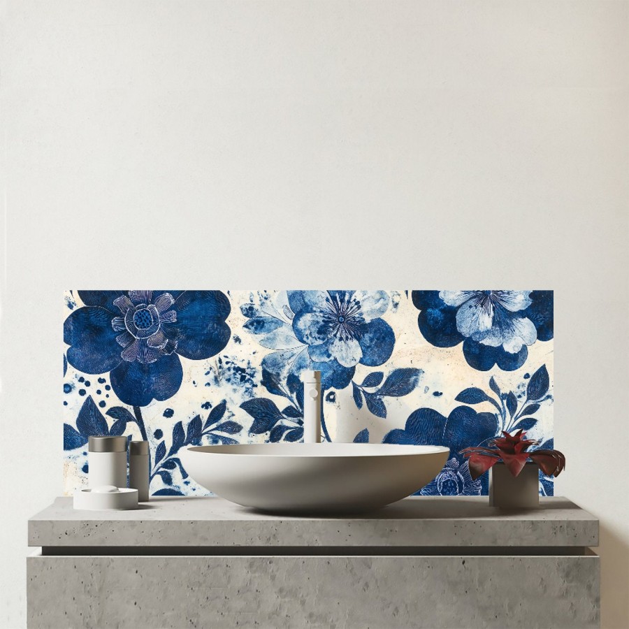 Click to view product details and reviews for Blue Floral Painting Glass Bathroom Splashback.