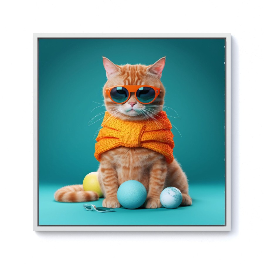 Click to view product details and reviews for Cat In Glasses With Balls Of Wool Framed Canvas 10 X 10 White.