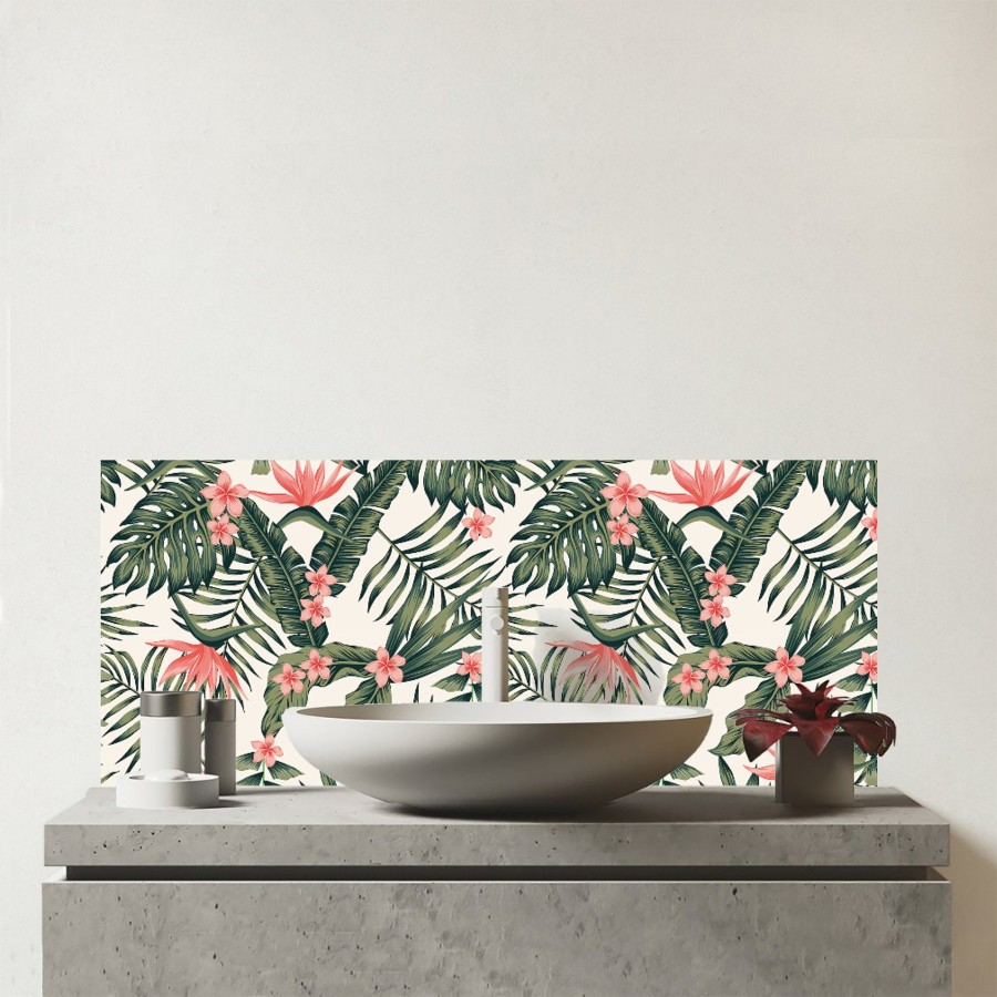 Click to view product details and reviews for Dark Tropical Green Leaves Glass Bathroom Splashback.