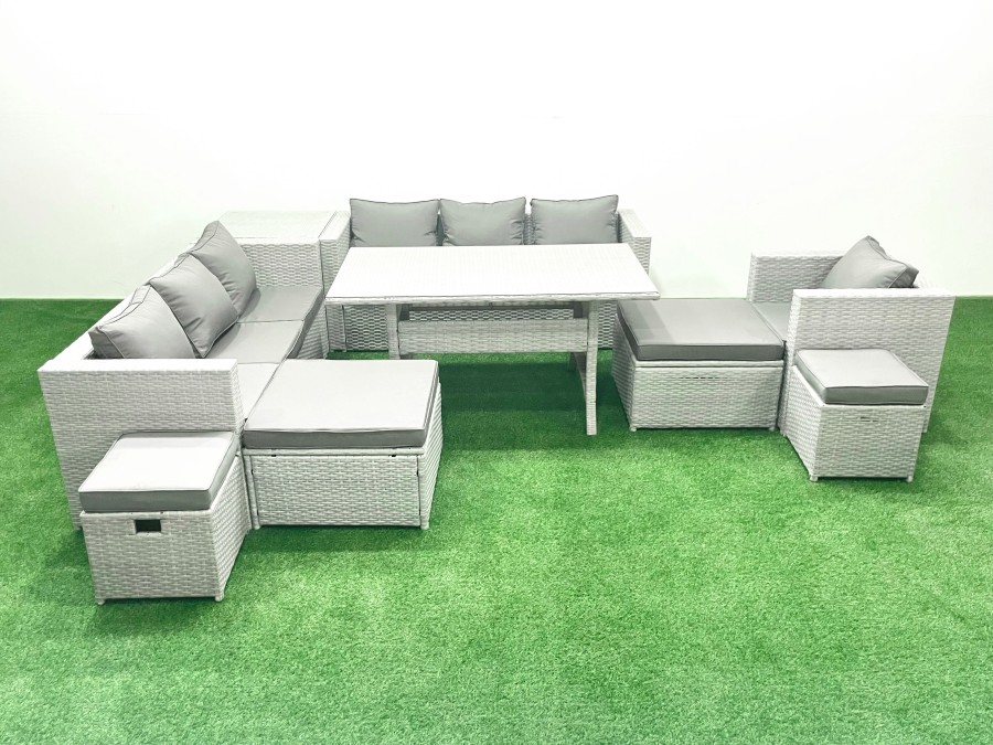 Click to view product details and reviews for Fimous Rattan Garden Furniture Dining Set 11 Seater Lounge Sofa Chair Dining Table Set With 4 Footstools Side Table Light Grey Mixed.