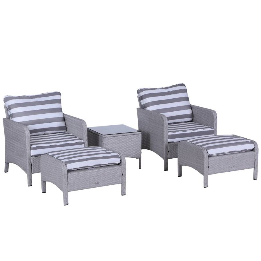 Click to view product details and reviews for Outsunny 5 Pcs Pe Rattan Garden Furniture Set 2 Armchairs 2 Stools Glass Top Table Cushions Wicker Weave Chairs Outdoor Seating Grey And White.