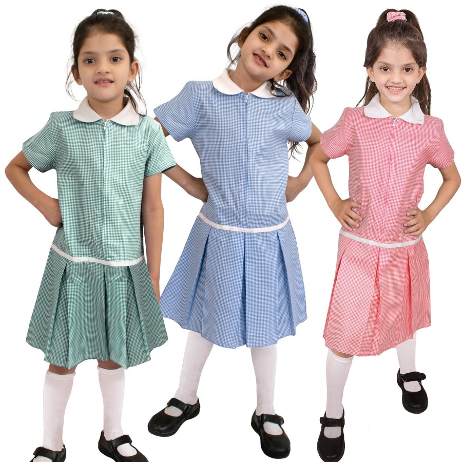 Kids Girls Gingham School Dress Zip Up Check Dresses With Matching Scrunchies