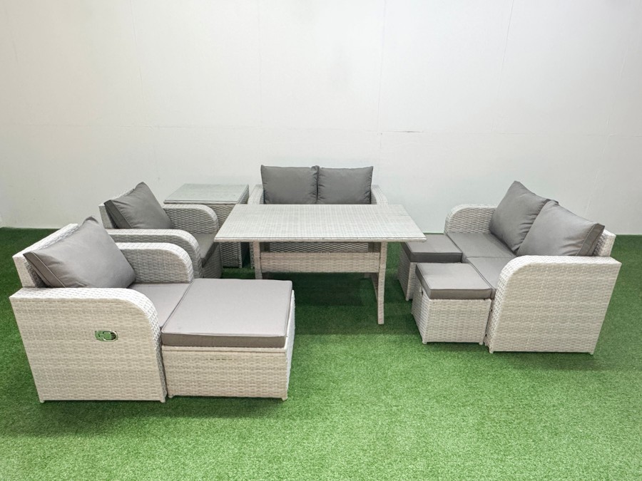Click to view product details and reviews for Fimous 9 Seater Outdoor Reclining Chair Love Sofa Set Rattan Garden Furniture Set With Rectangular Dining Table 3 Stools Side Table Light Grey.