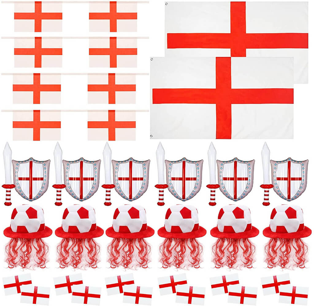 28 Piece England Supporters Set - Bunting, Flags, Inflatables, Football Hats & Tattoos