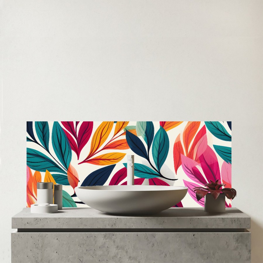 Click to view product details and reviews for Bright Leaves Pattern Glass Bathroom Splashback.