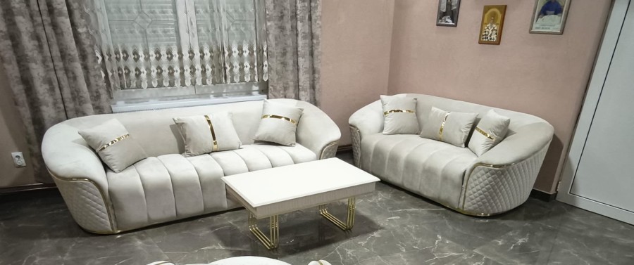 Rosa 3+2 Seater Champagne Velvet Sofa Set with Gold Detailing – Luxury Sofa Suite